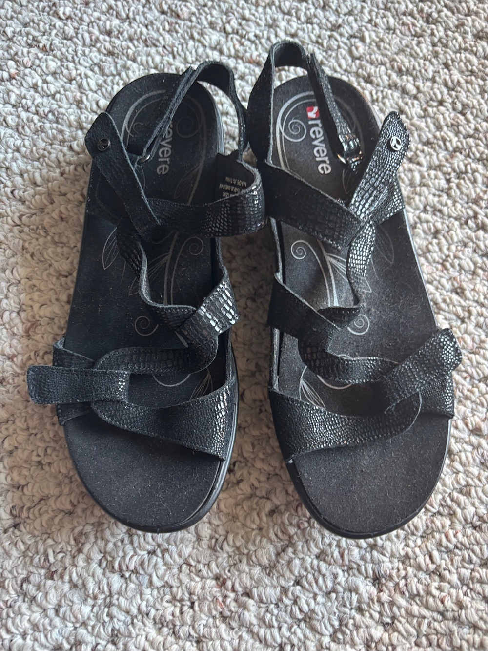 Shiny black lizard print revere sandals with Velcro straps size 10
